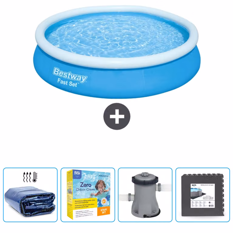 Piscina gonfiabile rotonda Bestway ad ambientazione rapida - 366 x 76 cm - blu - include tenda da sole - pacchetto manutenzione - pompa - pavimento in piastrelle