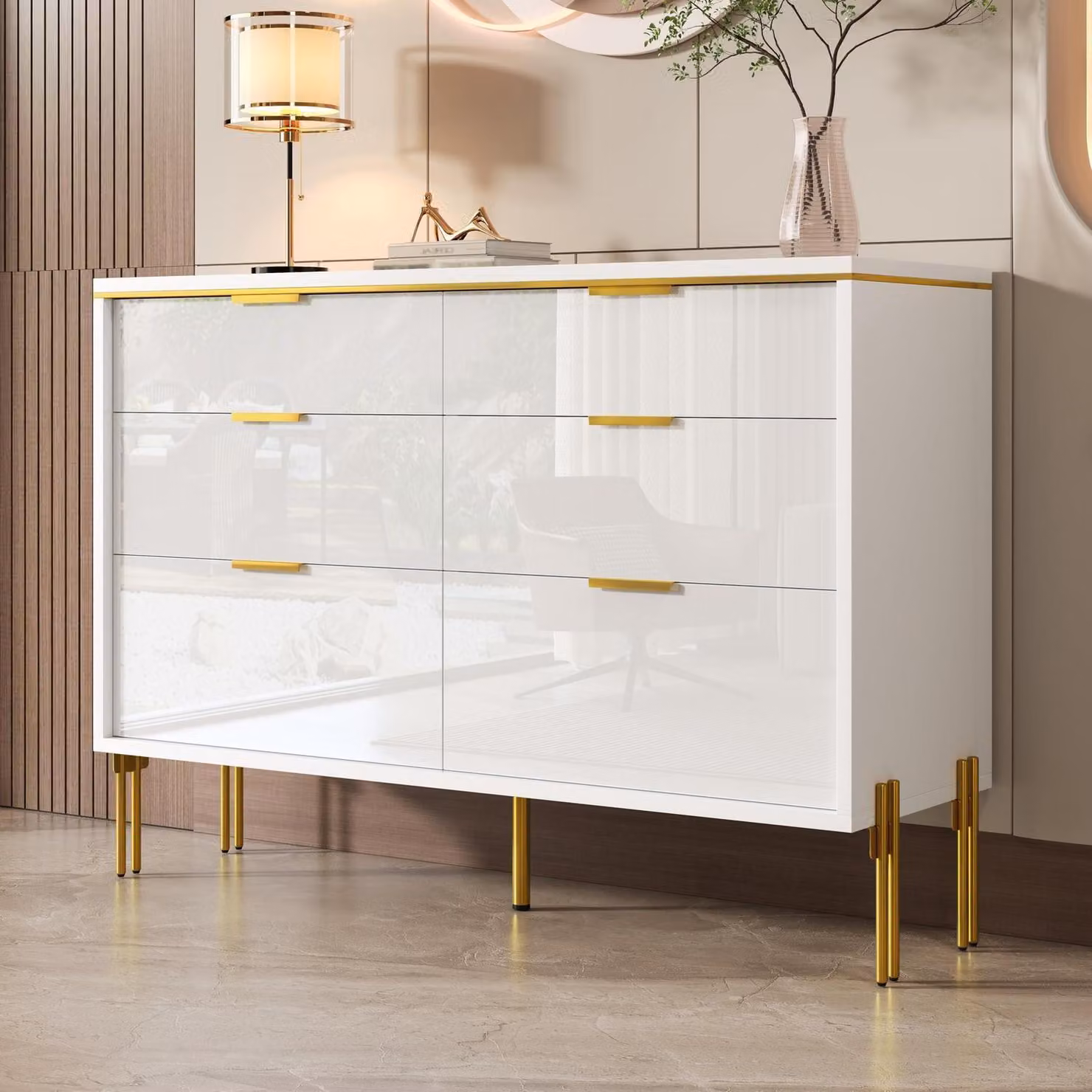Mobile contenitore con 6 cassetti, finitura bianco lucido con dettagli dorati, dimensioni 120x40x85,5 cm