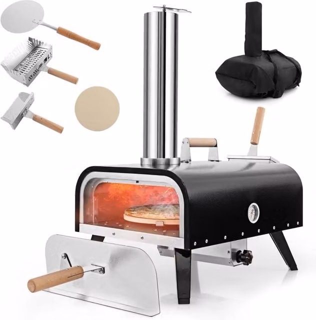 Forno per Pizza Portatile da Esterno COSTWAY in Acciaio Inossidabile con Pietra Rotante a 360°, Termometro e Borsa da Trasporto, Nero e Argento