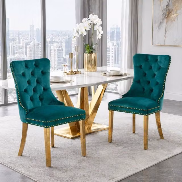 Chaise da sala da pranzo OKWISH in velluto verde con schienale alto e struttura in legno massello