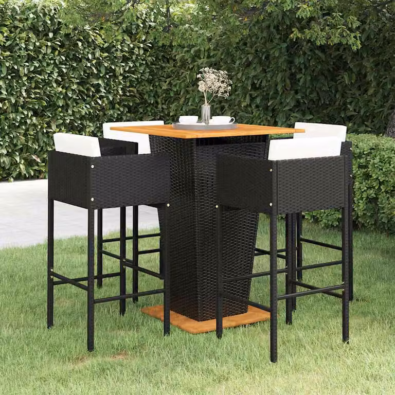 Set Bar da Giardino vidaXL 5 Pezzi in Polyrattan e Legno di Acacia con Cuscini Nero e Bianco