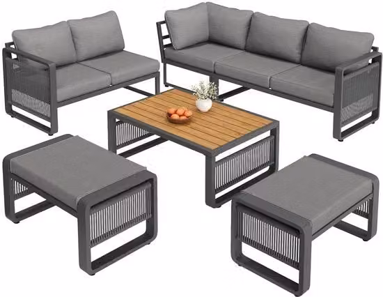 Set da soggiorno moderno a forma di L con corda tessuta e struttura in acciaio verniciato grigio e cuscini inclusi