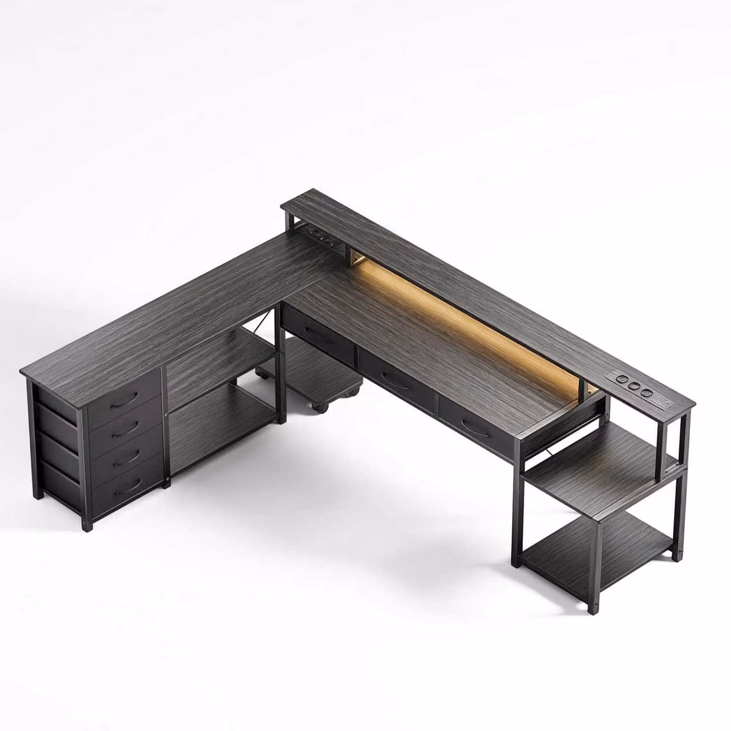 AIORBER Scrivania angolare a forma di L con cassetti, prese elettriche e USB, supporto per monitor, illuminazione a LED, reversibile 200×146 cm, grigio