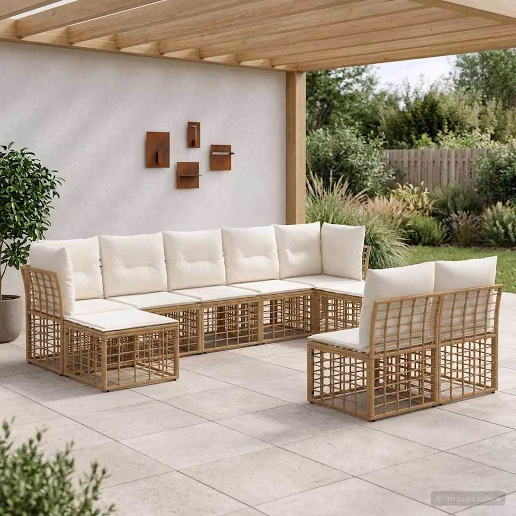 Set di divani da esterno vidaXL a forma di U da 9 posti con cuscini, colore beige e bianco crema, struttura in metallo e tessuto resistente alle intemperie
