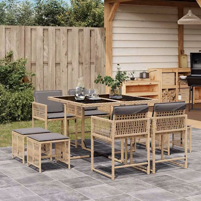 Set Pranzo da Giardino vidaXL 9 pz in Polyrattan con Cuscini Beige Misto e Tavolo in Vetro
