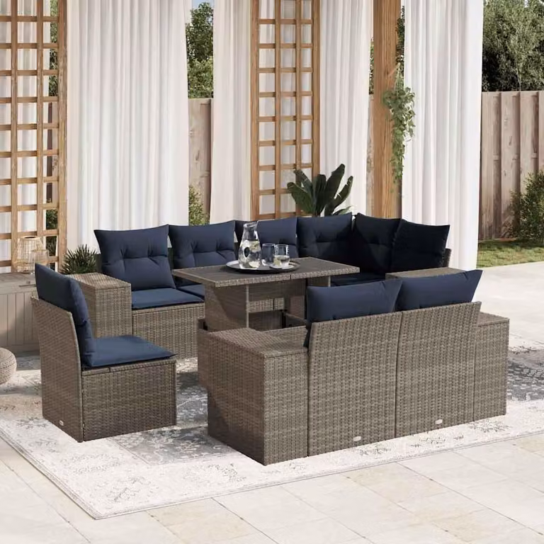 Maison Exclusive - Set di 9 pezzi per giardino con cuscini, grigio, polyrattan