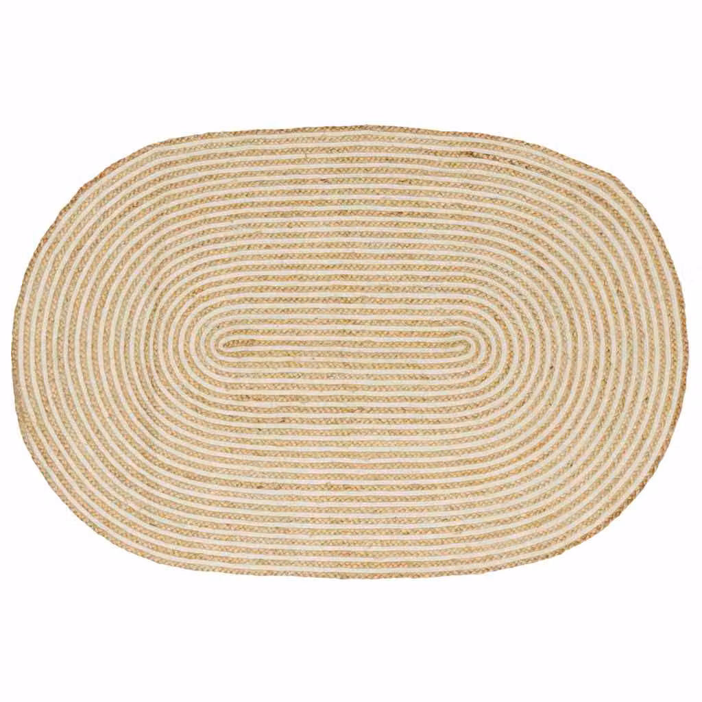 Tappeto ovale in juta vidaXL, design moderno a righe, colori naturale e bianco, L 122 cm x P 183 cm