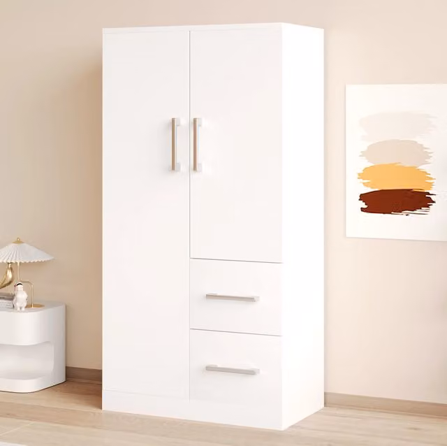 Armadio 70x40x135 cm con ante doppie e cassetti in legno bianco