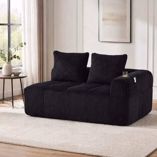 Divano 2 posti in corduroy nero 158x93x61 cm con tasche laterali e portabicchieri