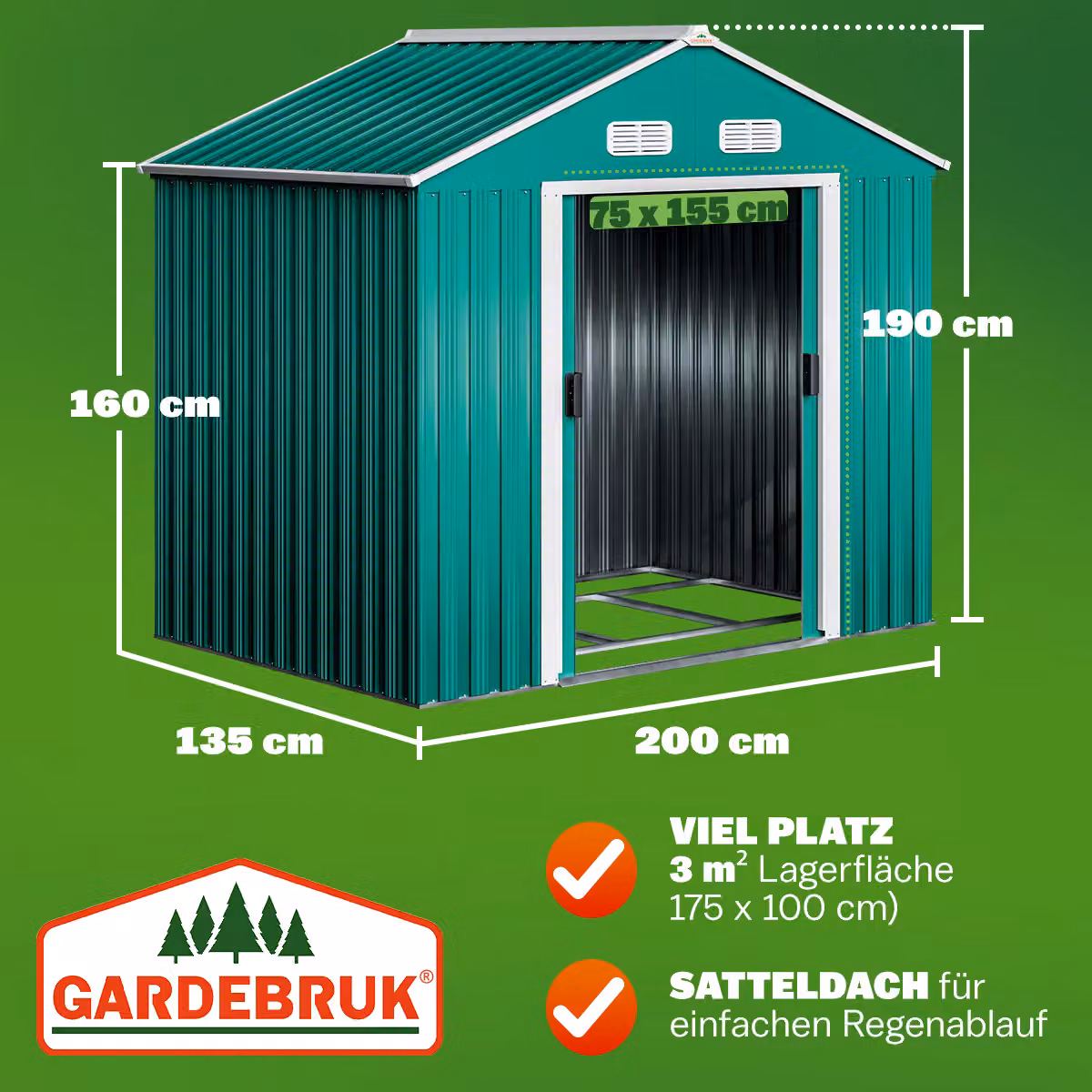 Casetta da giardino Gardebruk in metallo verde con porta scorrevole e ventilazione del tetto L/P/H: 200 x 135 x 190 cm – 2