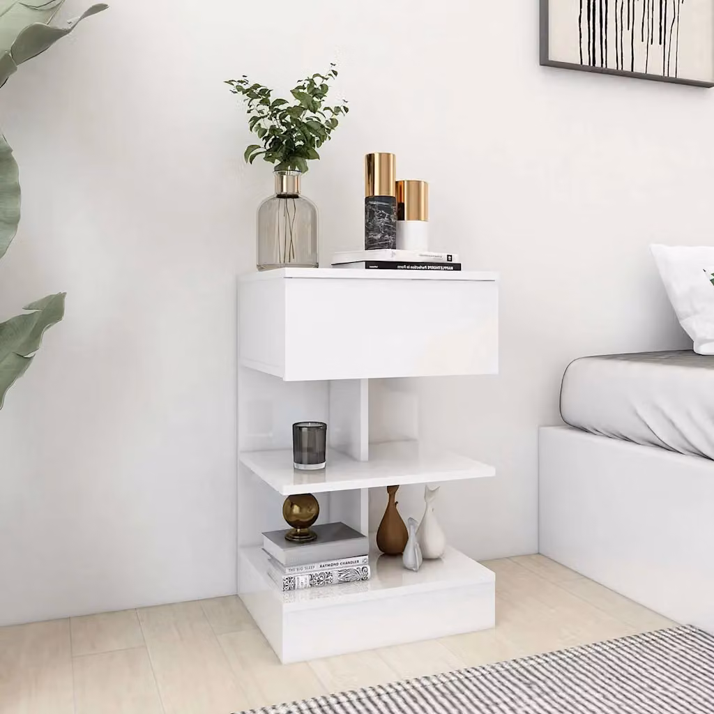 Comodino moderno vidaXL Bianco lucido in legno MDF L: 40 cm, P: 35 cm, H: 65 cm