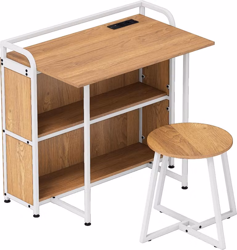 COSTWAY Scrivania pieghevole, scrivania pieghevole con sgabello, presa di corrente, ripiani e struttura in metallo, scrivania per ufficio, scrivania per computer, scrivania pieghevole, 90x55x83cm natura