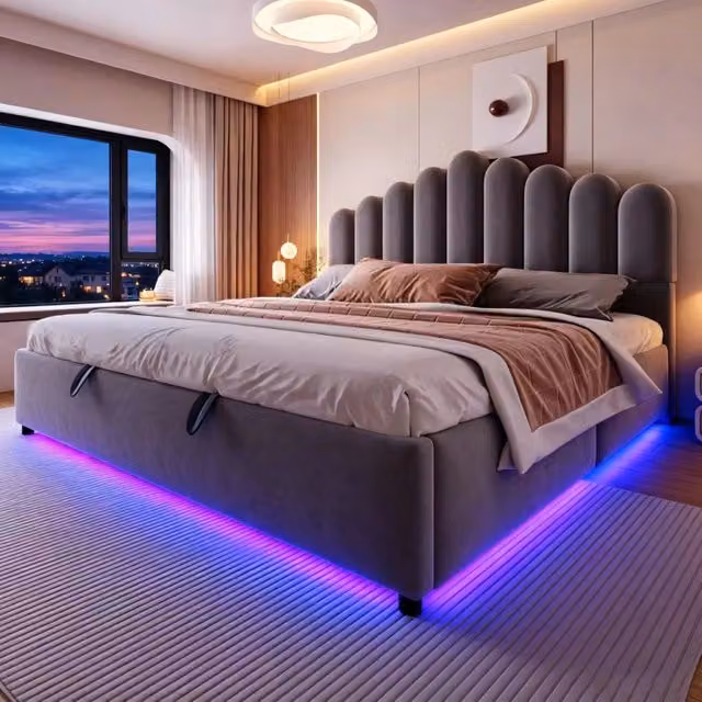 Letto contenitore 180x200 cm; matrimoniale con contenitore idraulico; rete a doghe; testiera imbottita; LED; velluto; grigio