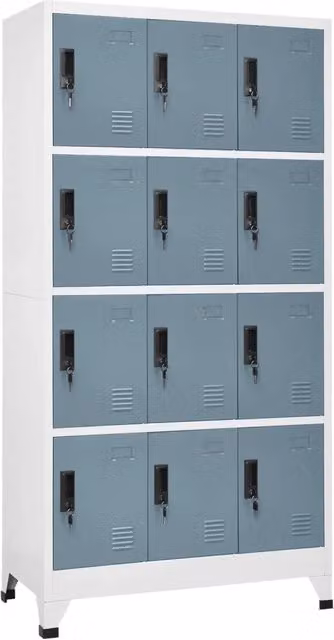 Armadietto moderno HELLOSHOP26 in metallo grigio opaco con 12 ante chiudibili a chiave, L: 90 cm, P: 45 cm, H: 180 cm