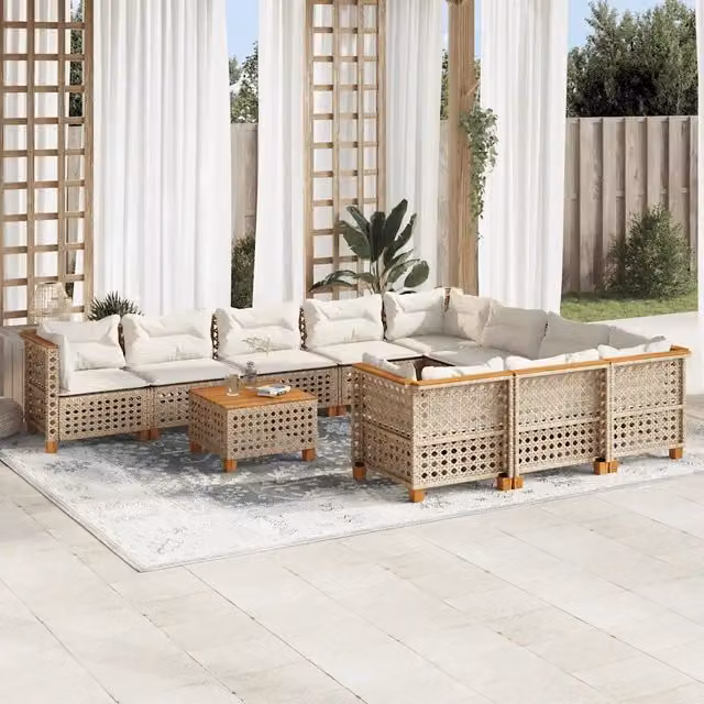 Set di Divani da Giardino vidaXL in Polyrattan con Cuscini Beige e Tavolino, Composizione a U Moderna per Terrazza e Giardino – 1