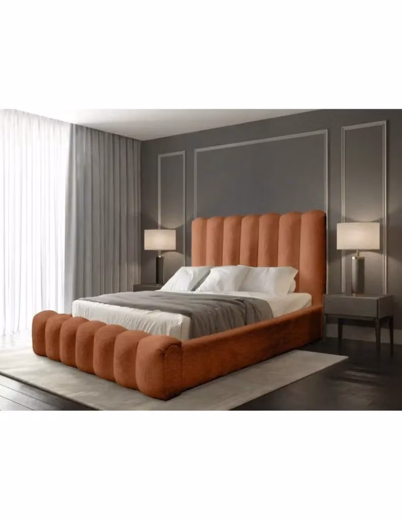 Letto contenitore BADJA Meublorama in tessuto bouclé arancione con rete sollevabile L/P/H: 140 x 200 x 155 cm – 2