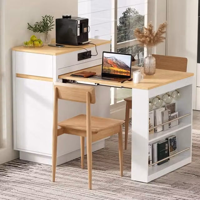 Desviae Tavolo da pranzo estraibile con piano estensibile, contenitore, cassetti e LED in MDF bianco per cucina e soggiorno