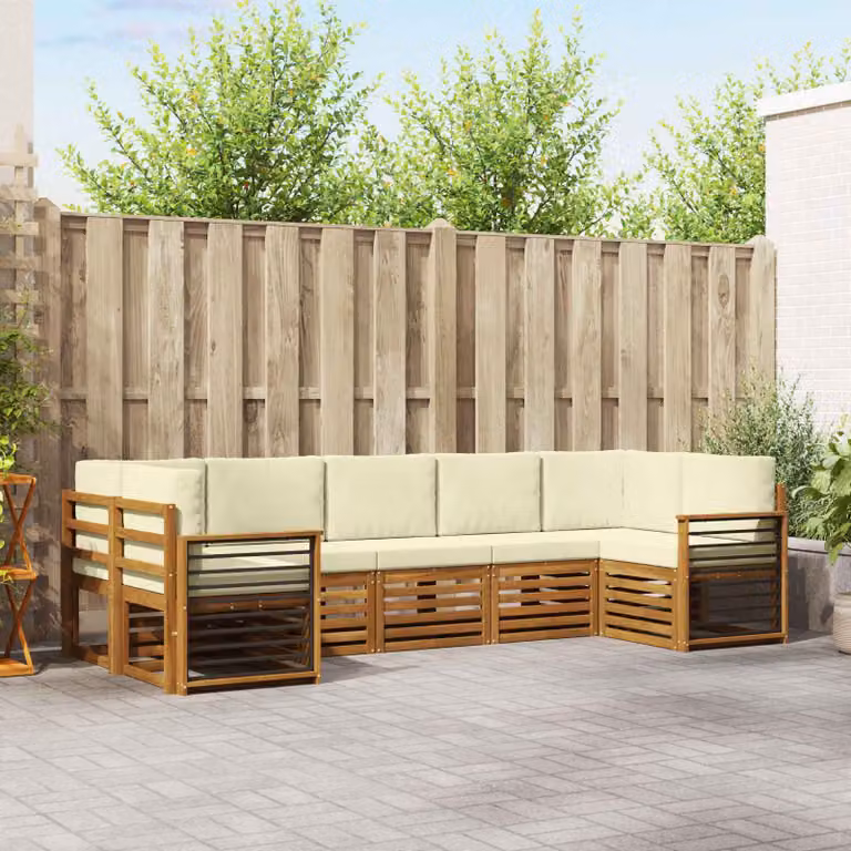 Set di divani da esterno vidaXL a forma di L composto da 7 pezzi in legno di acacia con cuscini, colore beige, bianco e marrone