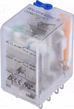1 relè: elettromagnetico, 10A/250VAC. Bobina: 24VDC, 10A, codice prodotto 7760056069. Relè elettromagnetico