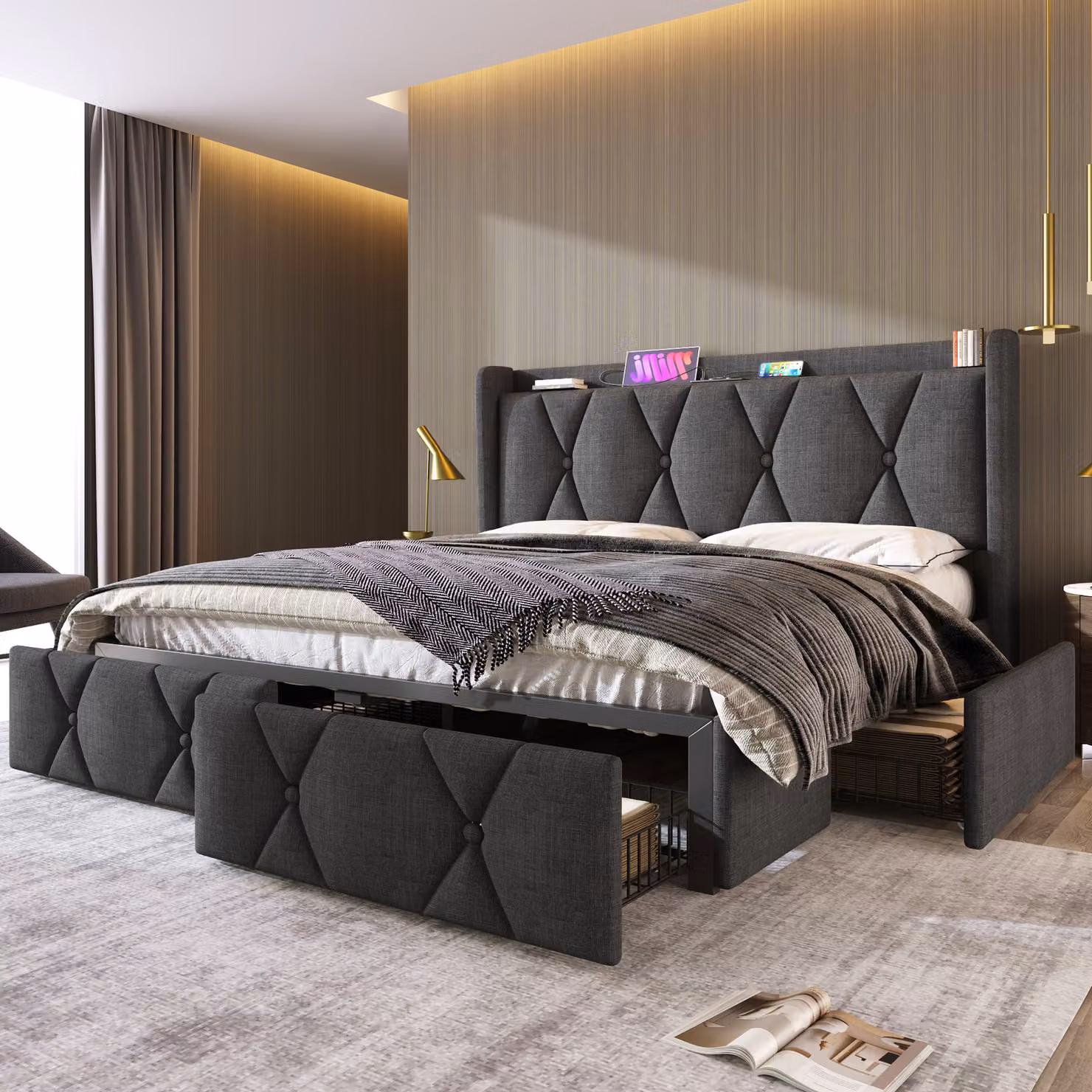 Letto imbottito Flieks 160x200 con USB e prese, letto contenitore con rete a doghe, letto matrimoniale con 4 cassetti, letto classico per ragazzi, biancheria, grigio