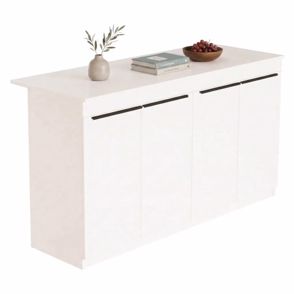 Isola da cucina DMORA Oviglio con 2 ripiani e ante a battente, colore bianco, L 160 cm x P 60 cm x H 90 cm – 2