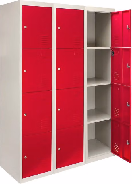 Set di 3 Armadietti in Metallo con 4 Porte con Serratura per Scuole, Palestre e Ufficio MONSTER SHOP, Colore Rosso e Grigio, H 180 cm x L 45 cm x P 38 cm