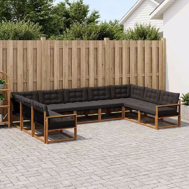Set di divani da esterno a L vidaXL in legno di acacia e textilene, 9 pezzi, marrone e nero