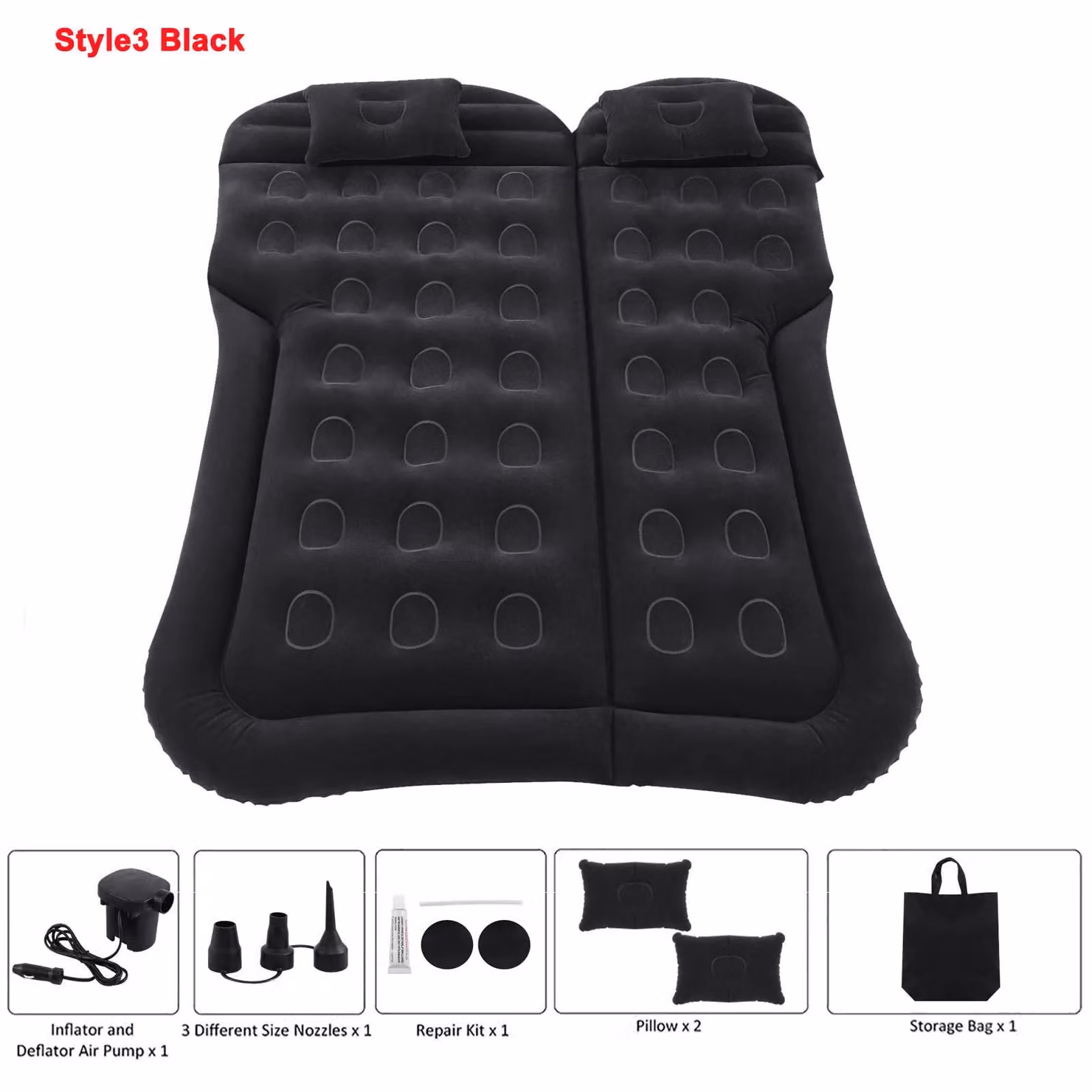 Materasso gonfiabile per auto - Letto gonfiabile per SUV - Modello 3, nero - Capacità di carico: 300 kg - Spessore: 9 cm - Materiale: PVC con superficie floccata - Letto da campeggio portatile