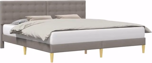 Letto matrimoniale con testiera in tessuto beige e grigio, struttura in legno e tessuto, L/P/H: 200 x 200 x 280 cm