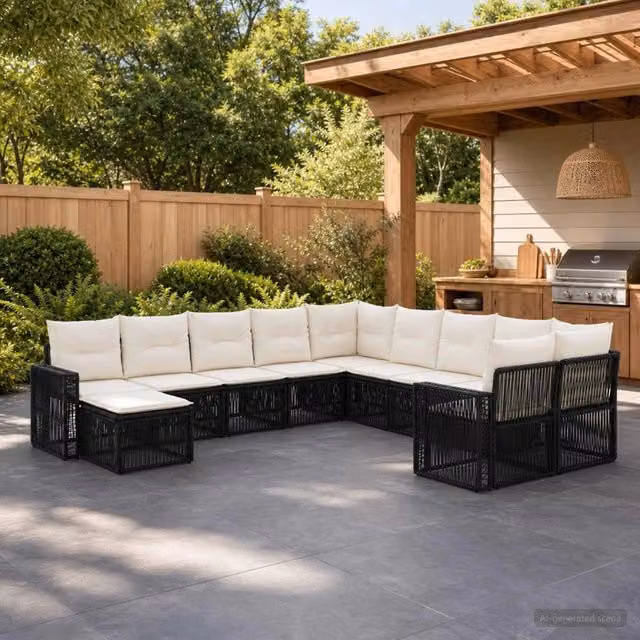 Set Divano da Giardino 11 pz Nero e Bianco Crema polyrattan 3435322