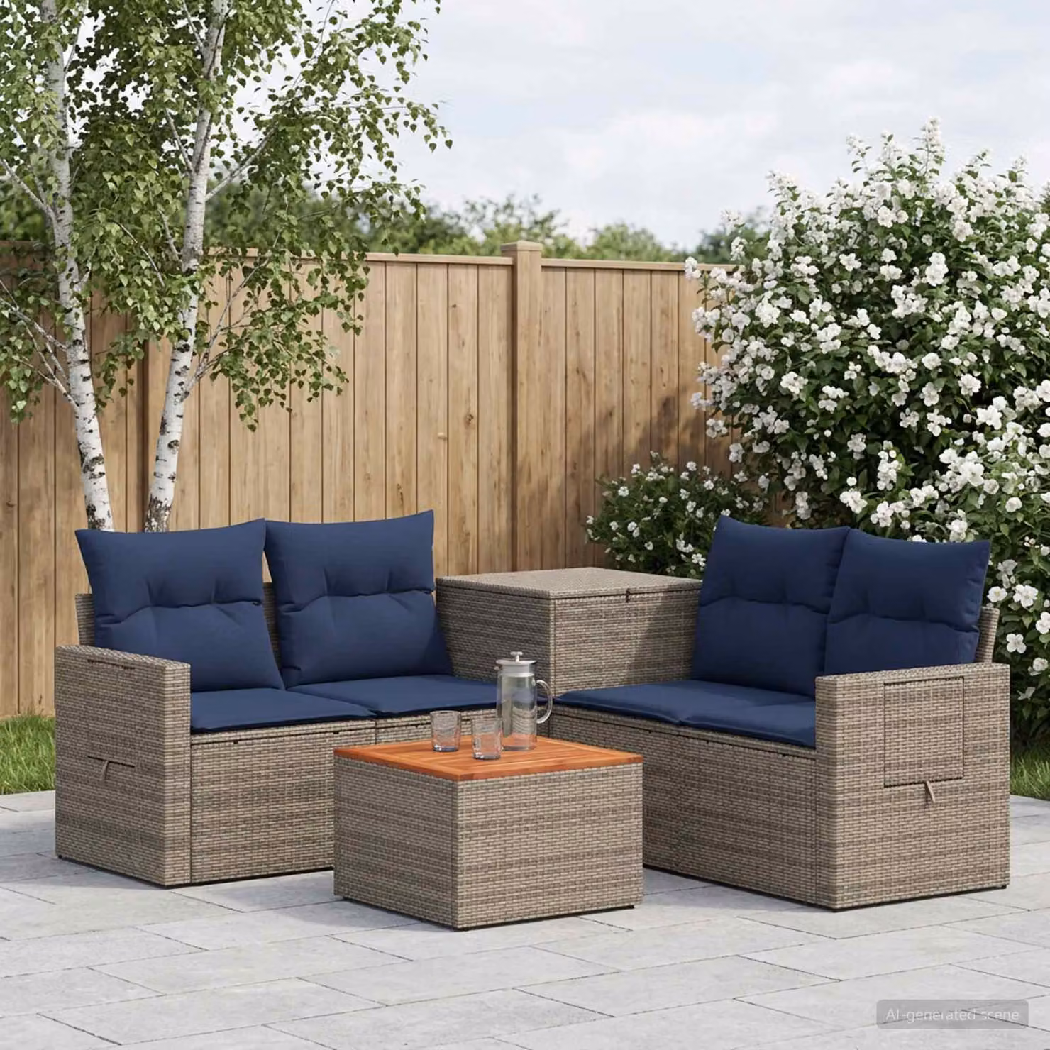 Set di divani da giardino vidaXL a forma di L composto da 6 pezzi in rattan e acciaio, colori grigio e blu con cuscini inclusi