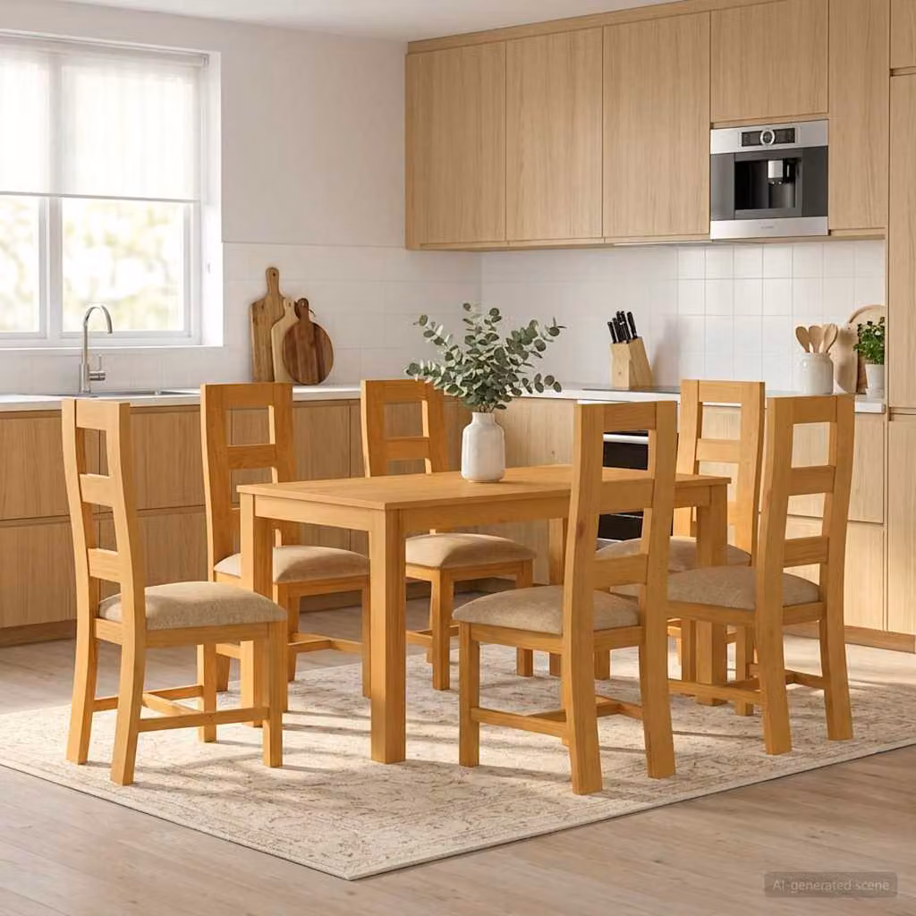 Set da pranzo vidaXL in legno di quercia beige composto da 7 pezzi con tavolo rettangolare L: 150 cm, P: 75 cm, H: 75 cm e sedie H: 47,2 cm