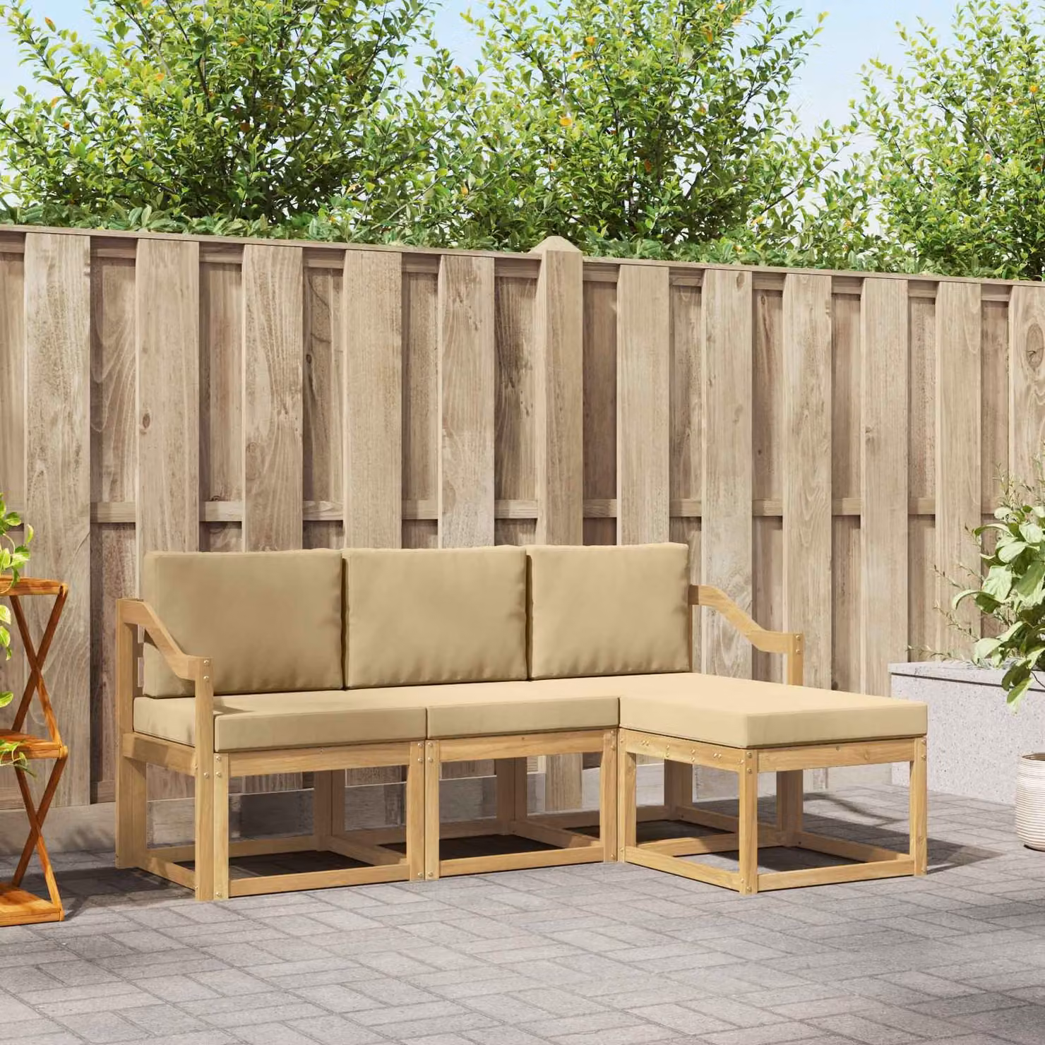 Set di divani da esterno vidaXL a forma di L in legno di acacia con cuscini, marrone e beige