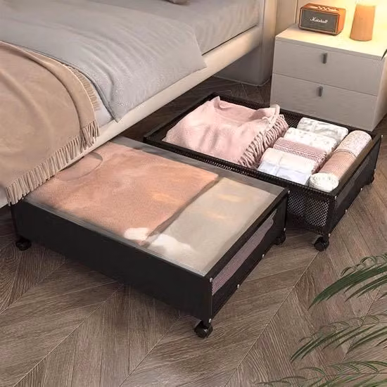 Set di 2 contenitori per sotto il letto con ruote in metallo e tessuto nero per organizzare abiti, scarpe e lenzuola