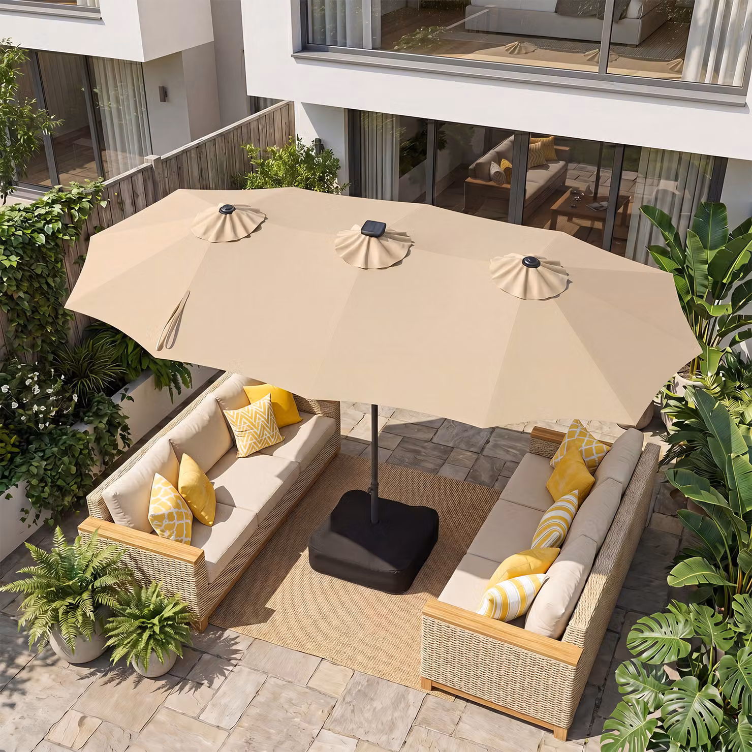 Ombrellone da giardino doppio Costway beige con 108 luci LED solari, 12 modalità, 3 prese d'aria e manovella