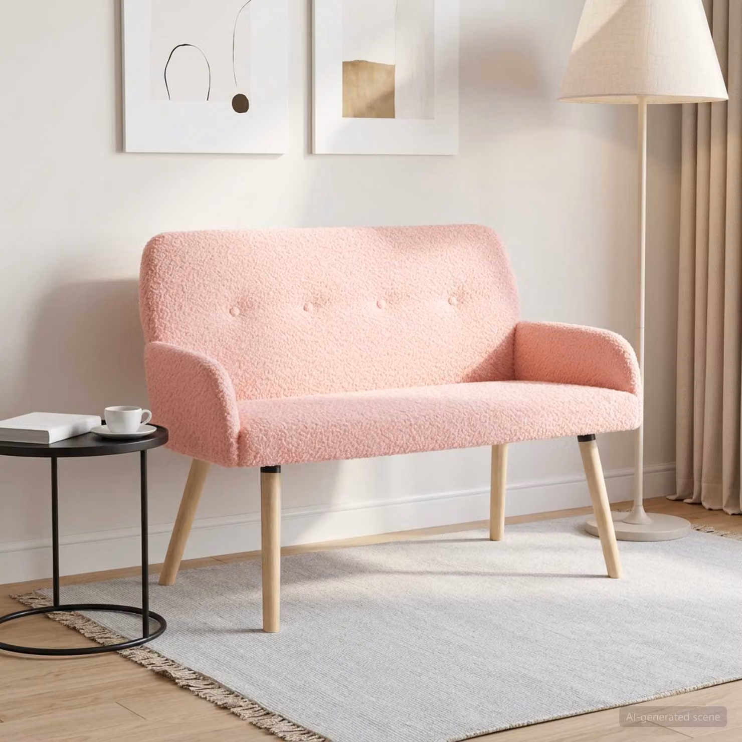 vidaXL Divano a 2 Posti Moderno in Tessuto Bouclé Rosa con Gambe in Legno di Gomma L: 115 cm, P: 86 cm, H: 58 cm