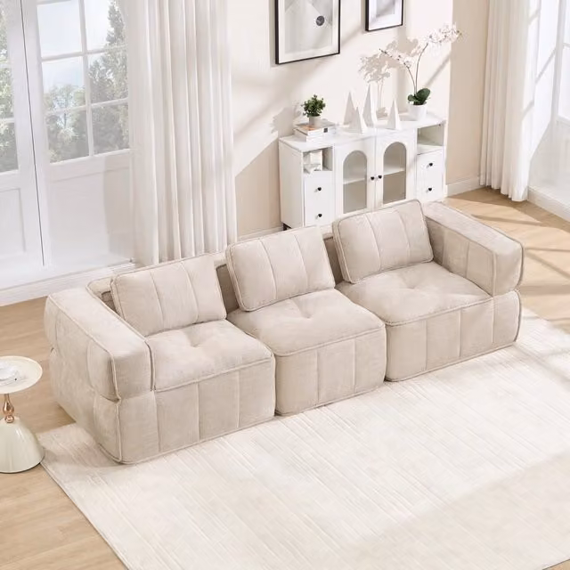 Divano modulare a 3 posti senza struttura in tessuto di poliestere con schiuma 32D base antiscivolo senza montaggio beige