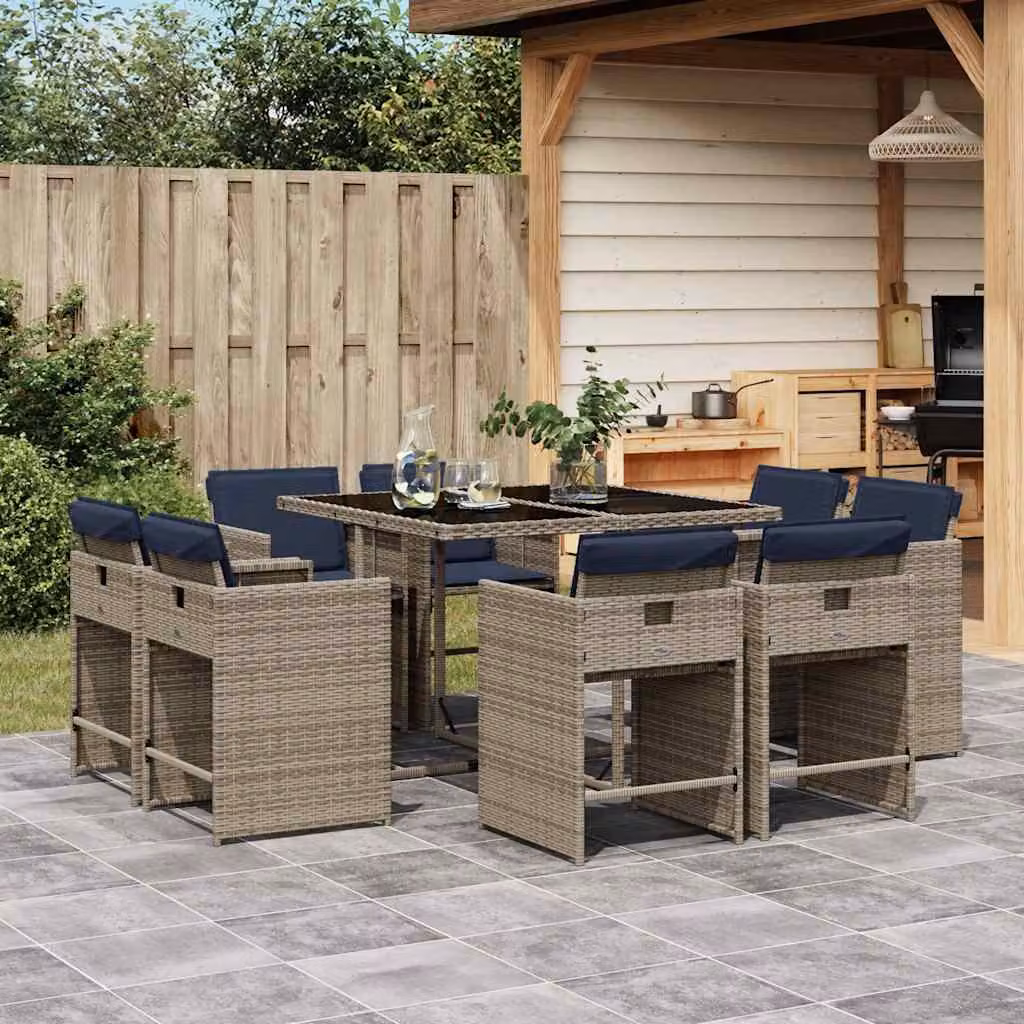 Set da pranzo da giardino vidaXL in polyrattan con cuscini e tavolo in vetro, 9 pezzi, Grigio