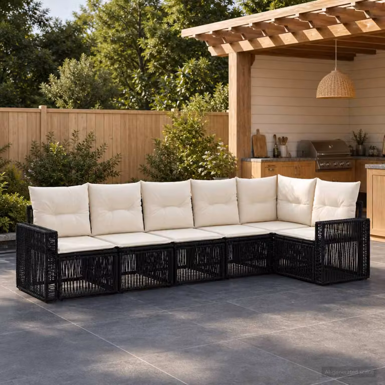 Set Divano da Giardino vidaXL 6 pz a Forma a L con Cuscini, Polyrattan Nero e Bianco Crema