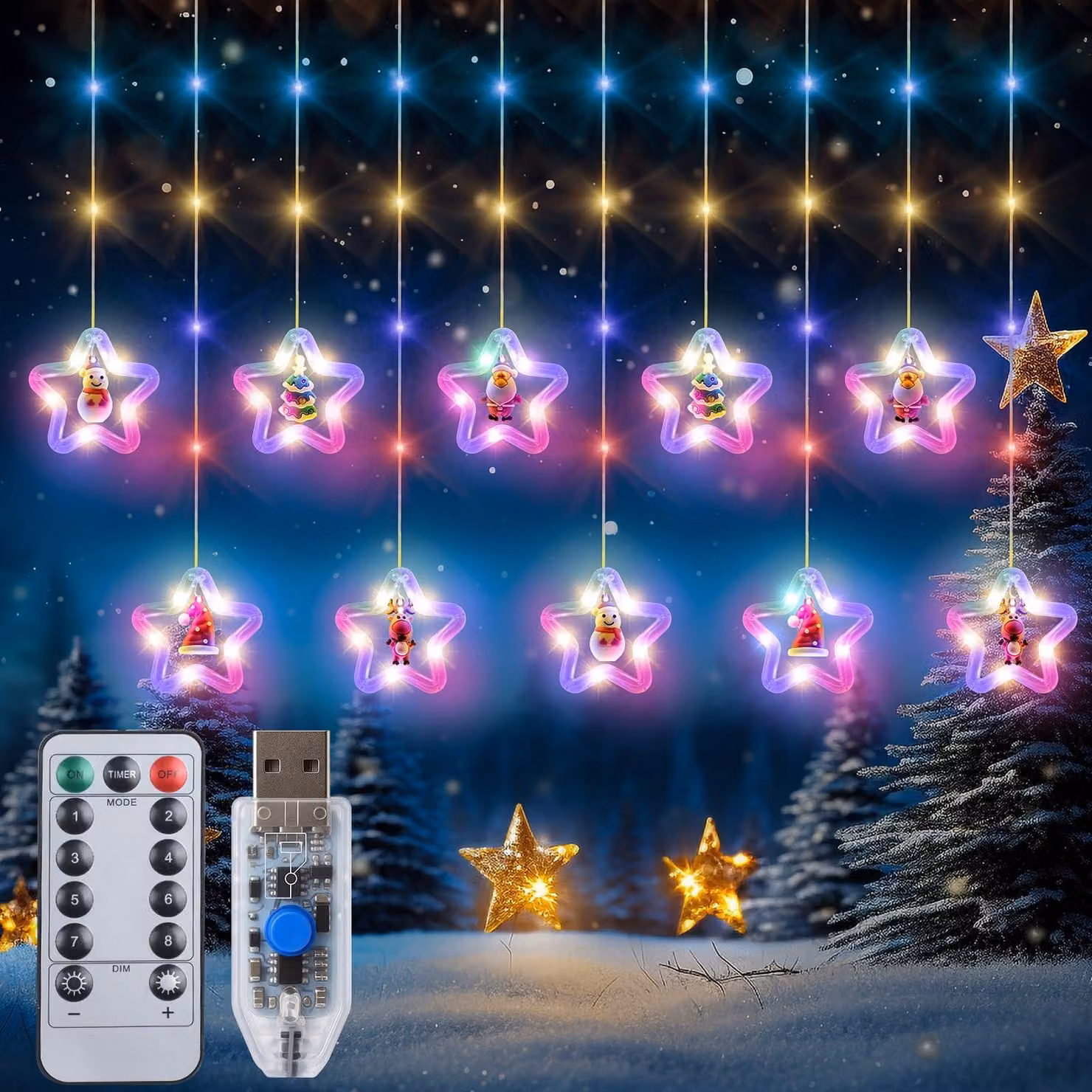 Decorazione luminosa a stella con 100 LED, 3 metri, multicolore, per decorazioni natalizie