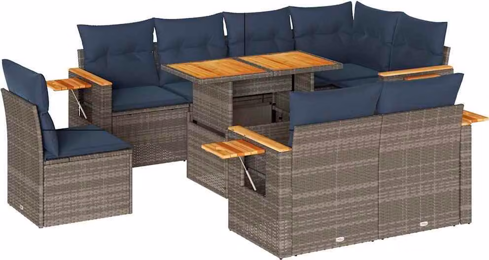 Set Divano da Giardino 9pz con Cuscini Grigio Polyrattan Acacia