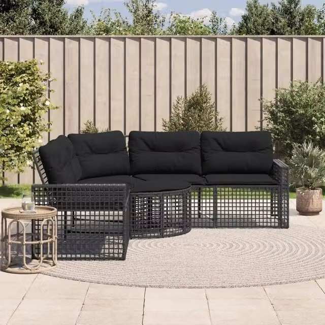 Divano da Giardino a L con Cuscini e Pouf Nero in Polyrattan 365893
