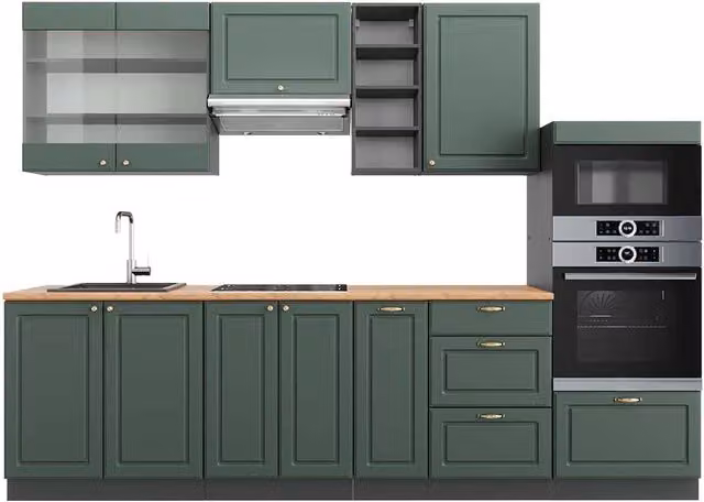 Cucina componibile Fame-Line Vicco in stile country house, Verde-oro rustico e Antracite, L: 280 cm – 1