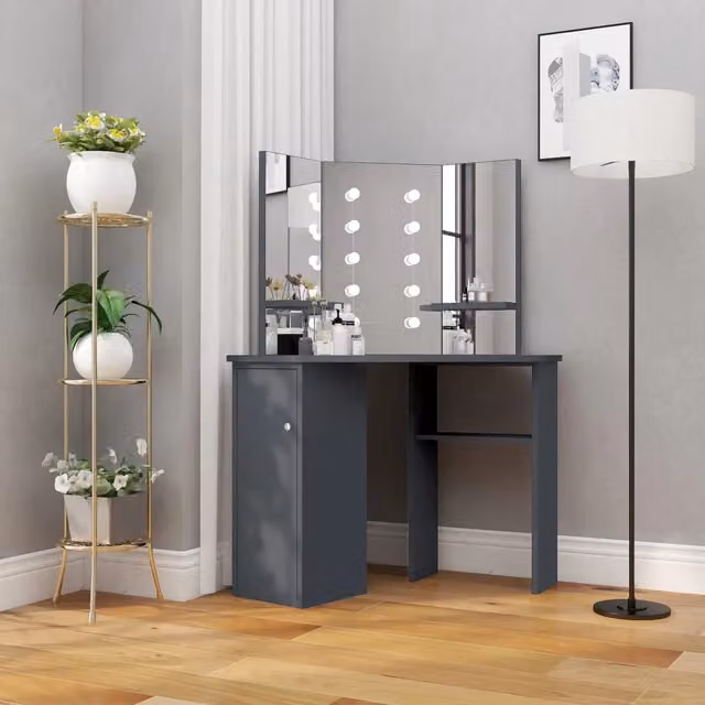 Tavolino da Trucco Angolare con LED vidaXL Grigio L: 111 cm, P: 54 cm, H: 141,5 cm