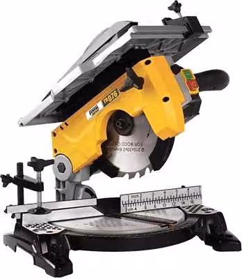 Troncatrice per legno Femi Volt TR076 da 230 Watt, colore giallo, con disco da 210 mm e lunghezza 1200 mm