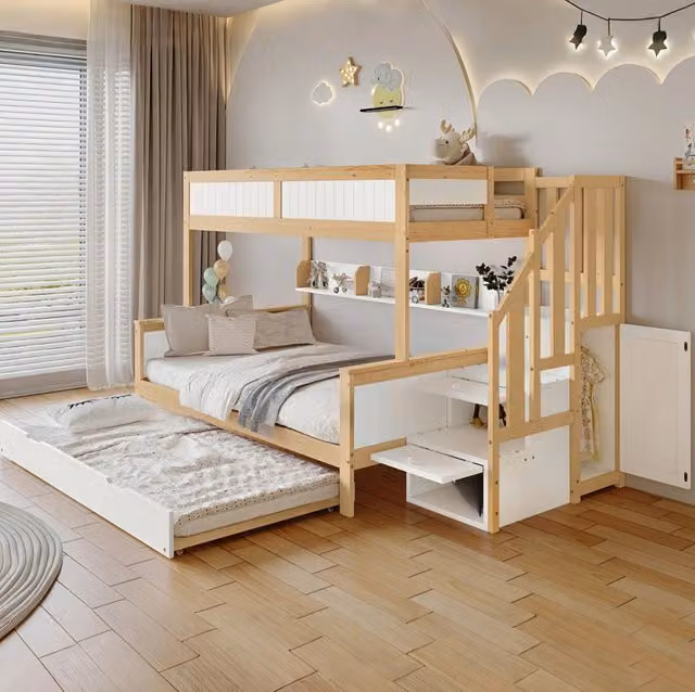 Letto a castello per bambini 3 posti con letto estraibile, armadio e scala contenitore