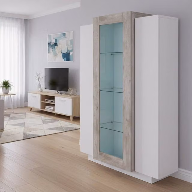 Vetrina moderna DMORA con ante in vetro e illuminazione integrata, Bianco lucido e Grigio cemento, L: 80 cm, P: 38 cm, H: 121 cm