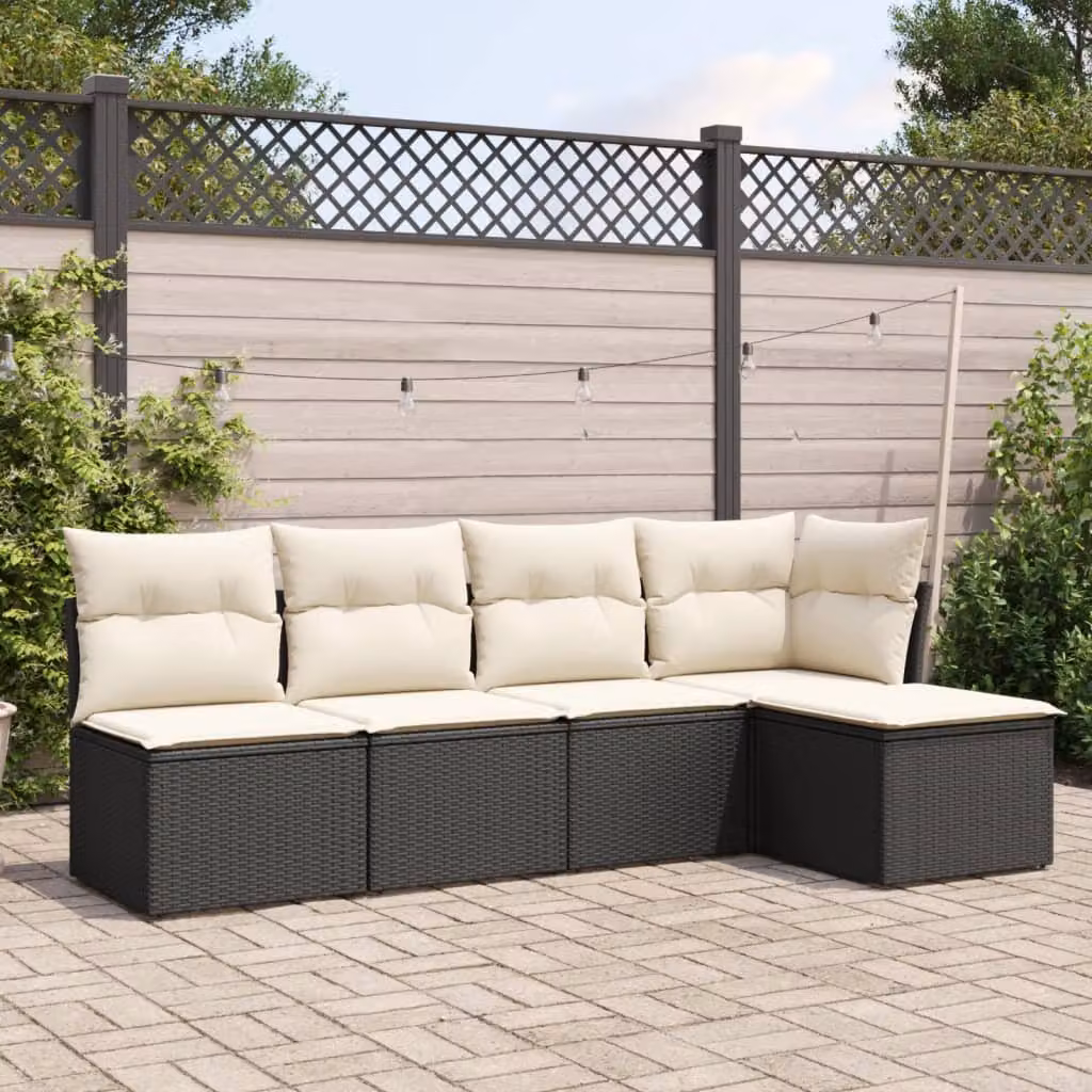 vidaXL Set Divani da Giardino a L 5 pz con Cuscini e Ottoman, Polyrattan e Acciaio Nero – 1