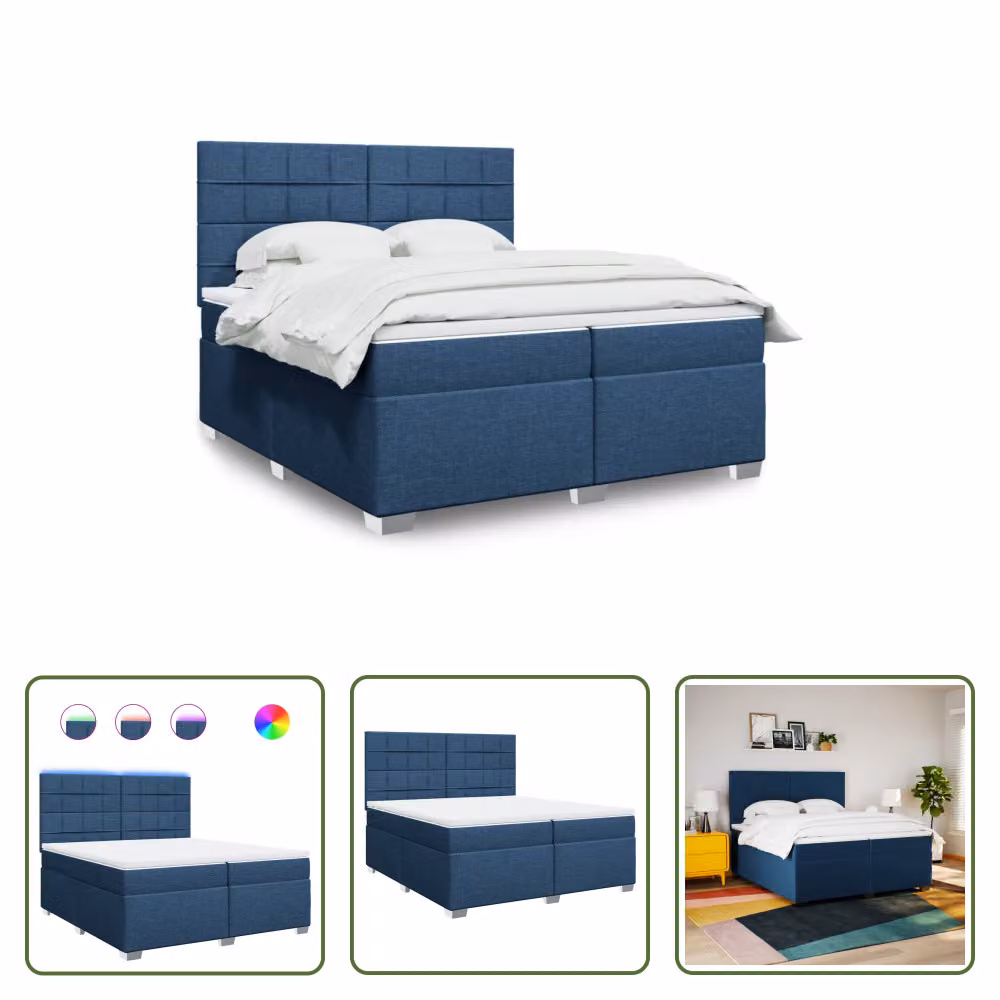 The Living Store Letto a molle con materasso blu 200x200 cm in tessuto
