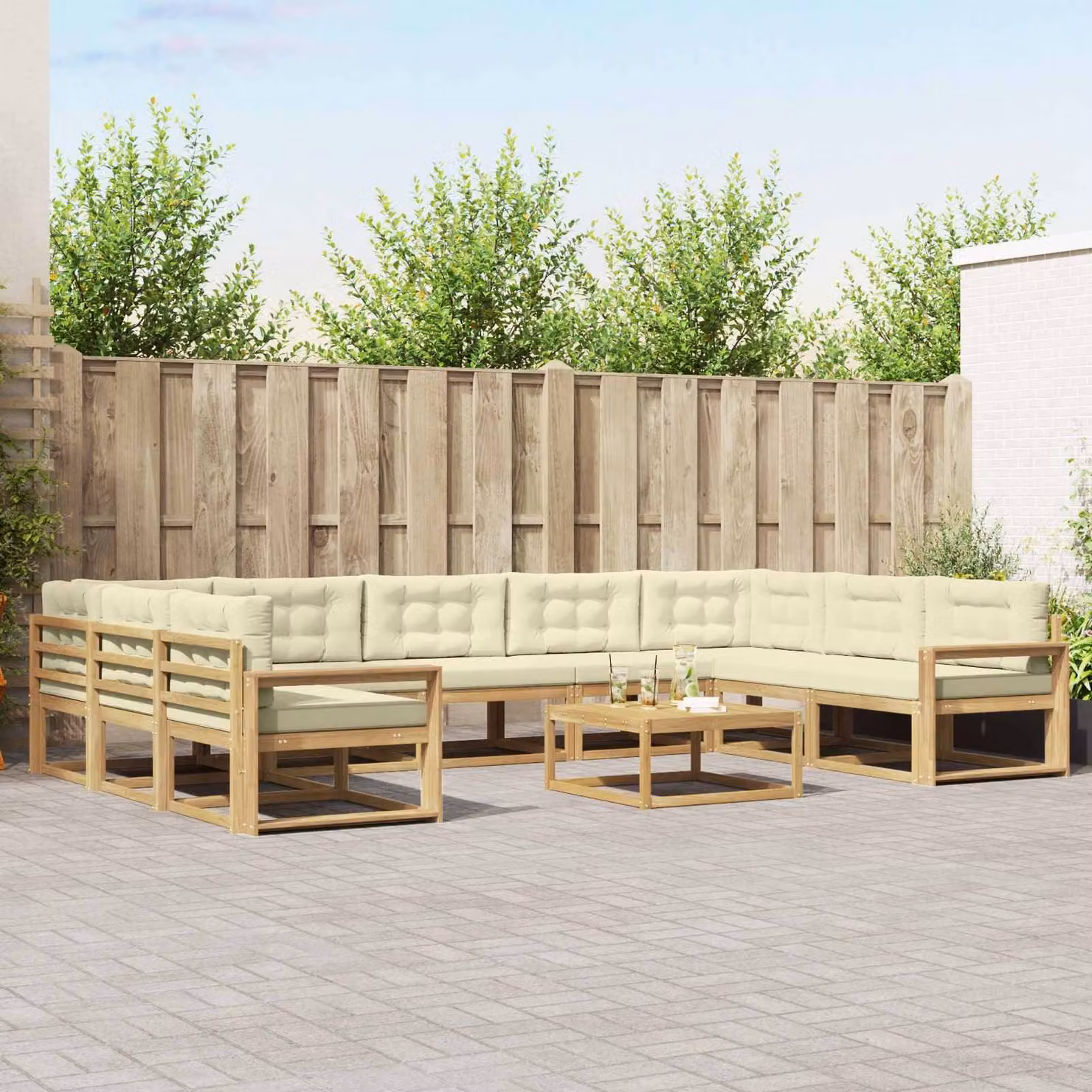 vidaXL Set di divani da esterno componibile a L in legno di acacia con cuscini Bianco e Beige